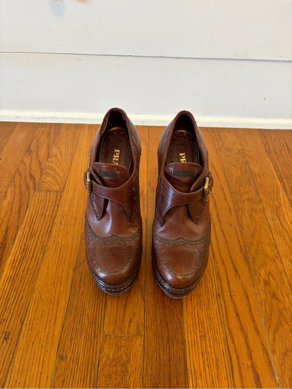 Prada Brown Leather Wingtip Monk Strap Oxfords